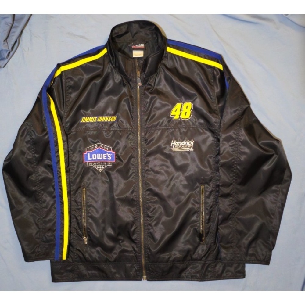 Lowe's Racing NASCAR Jimmie Johnson Black Jacket‎ Blue Gold Stripe Adult Large